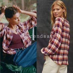 ANTHROPOLOGIE Pilcro Buttondown Plaid Ruffle Tops Raspberry Size M NWT